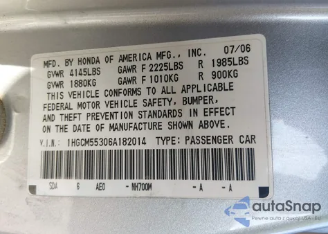 2006 Honda Accord 2.4 Se из США, поврежденный, VIN 1HGCM55306A182014